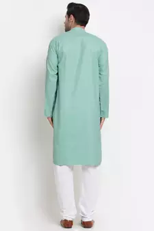 Men Cotton Striped Sea Green Kurta with Pyjamas