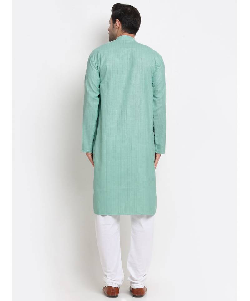 Men Cotton Striped Sea Green Kurta with Pyjamas