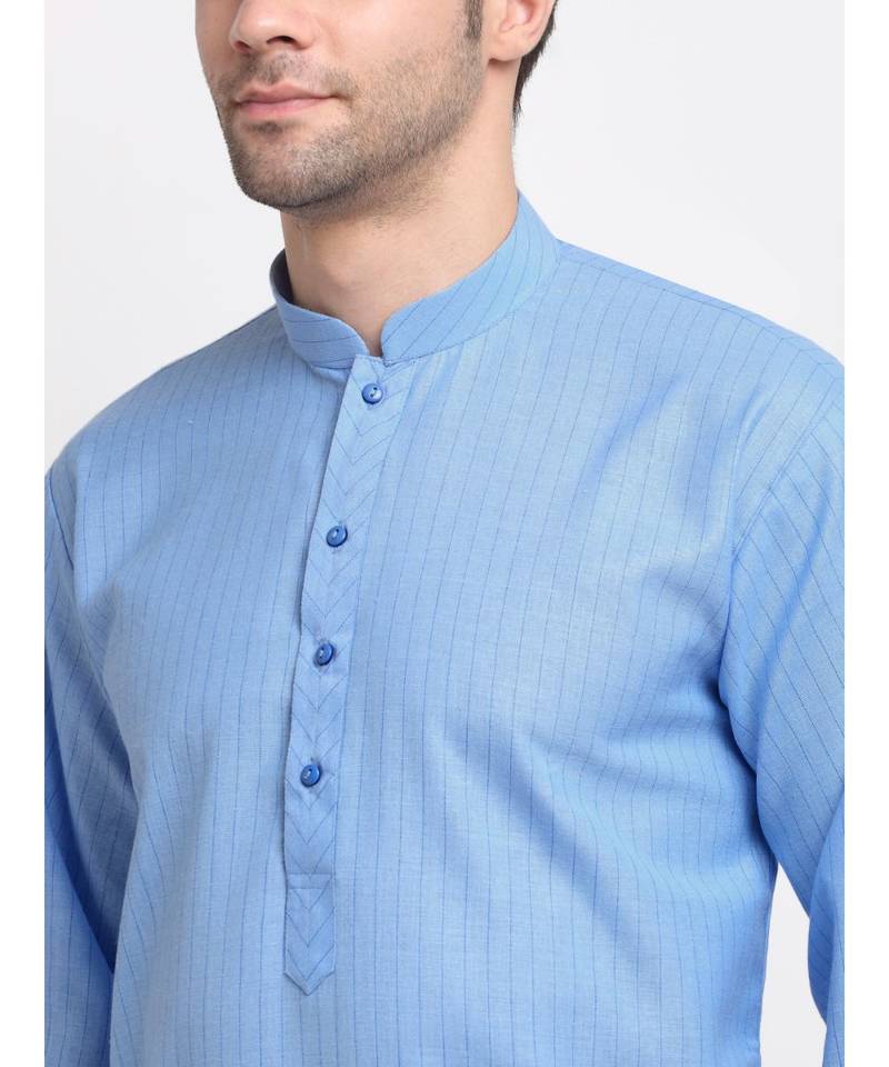 Men Cotton Striped Blue Kurta with Pyjamas