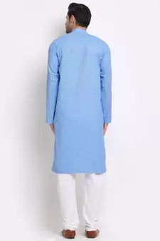 Men Cotton Striped Blue Kurta with Pyjamas