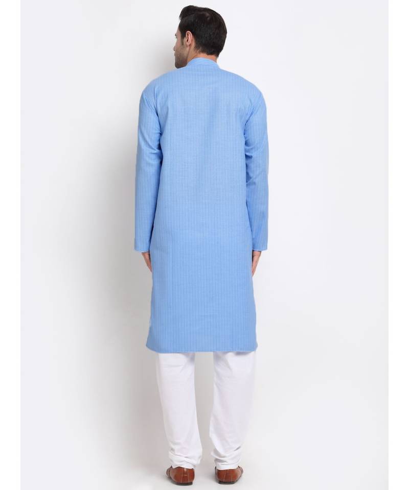 Men Cotton Striped Blue Kurta with Pyjamas