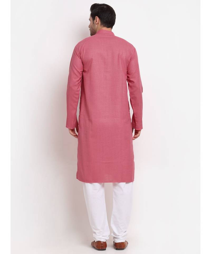 Men Cotton Striped Pink Kurta with Pyjamas