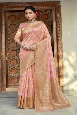 Light pink woven organza saree with blouse 1