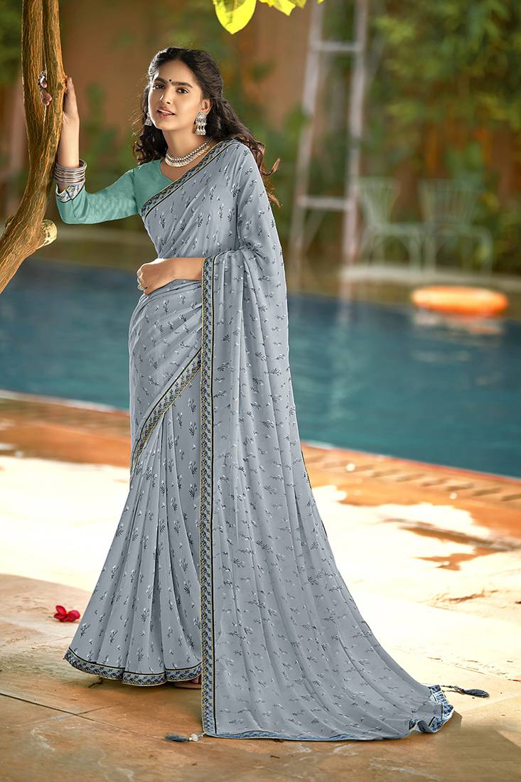 Grey printed pure georgette saree with blouse