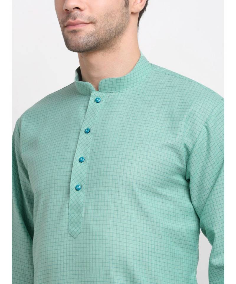 Men Cotton Check Sea Green Kurta with Pyjamas