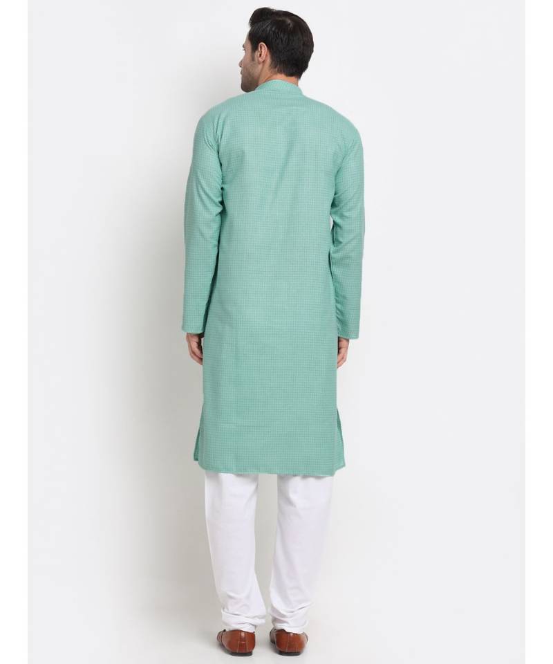 Men Cotton Check Sea Green Kurta with Pyjamas