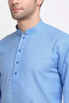 Men Cotton Check Blue Kurta with Pyjamas