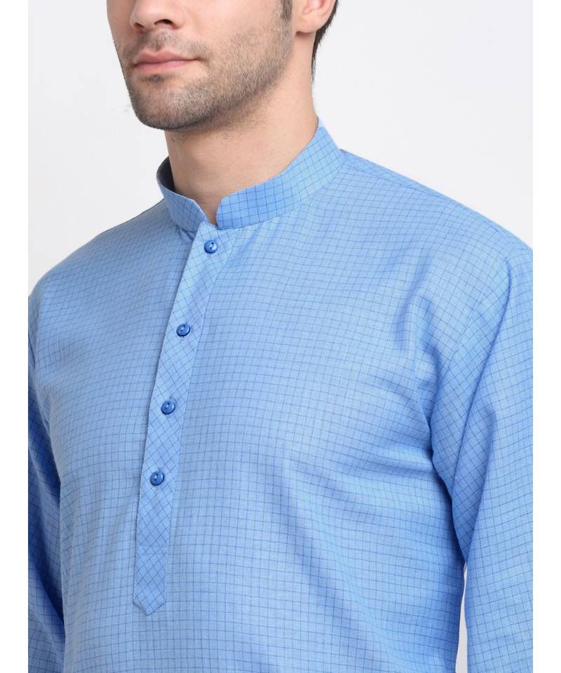 Men Cotton Check Blue Kurta with Pyjamas