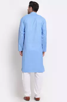 Men Cotton Check Blue Kurta with Pyjamas