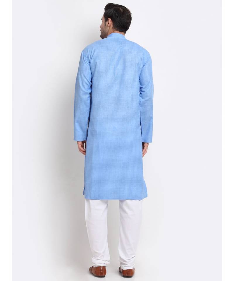 Men Cotton Check Blue Kurta with Pyjamas