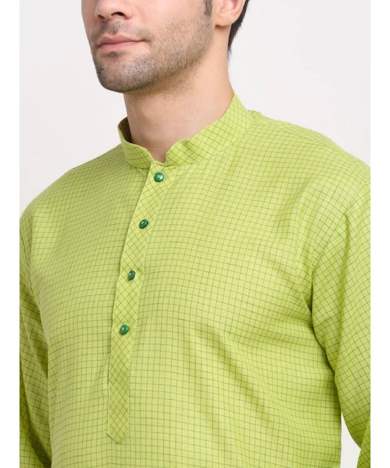 Men Cotton Check Green Kurta with Pyjamas