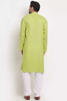 Men Cotton Check Green Kurta with Pyjamas
