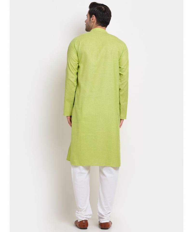 Men Cotton Check Green Kurta with Pyjamas