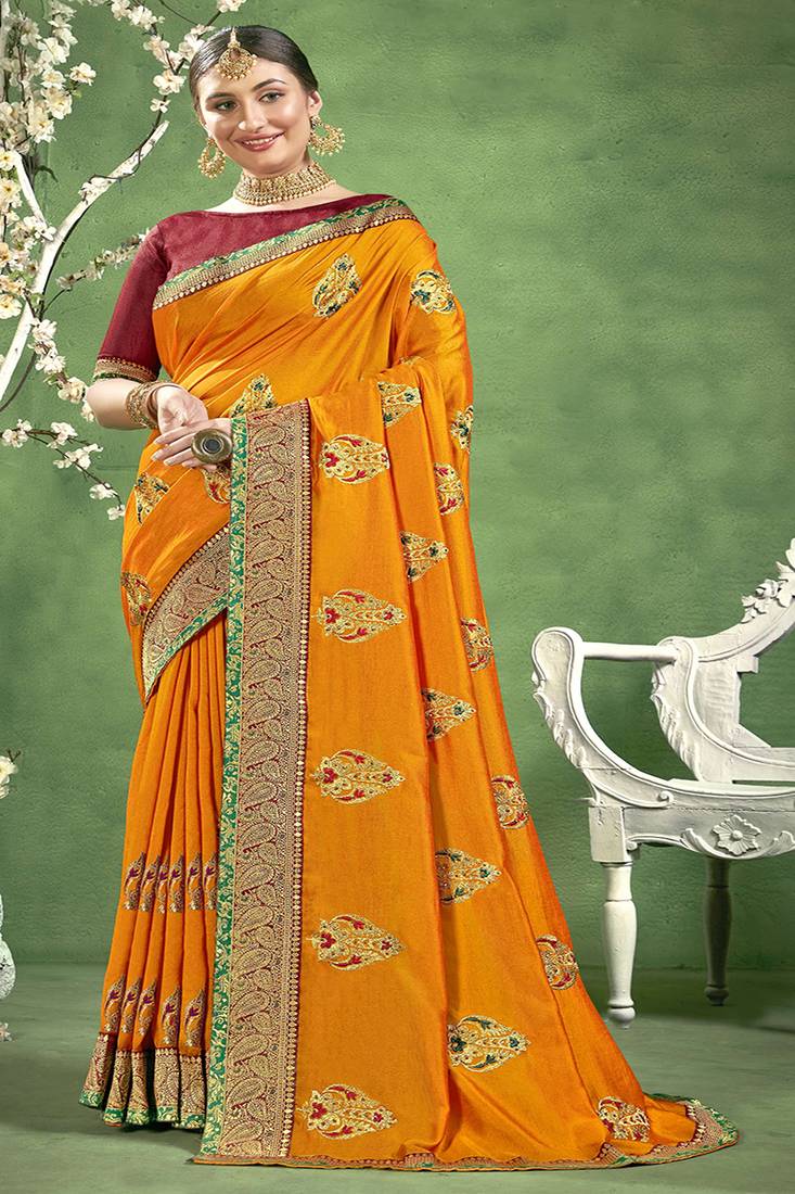 Orange embroidered chanderi silk saree with blouse