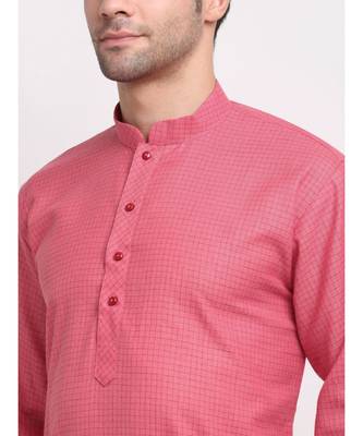 Men Cotton Check Pink Kurta with Pyjamas 2