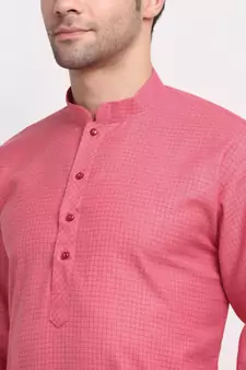 Men Cotton Check Pink Kurta with Pyjamas