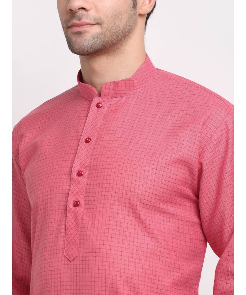 Men Cotton Check Pink Kurta with Pyjamas