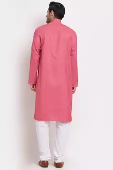 Men Cotton Check Pink Kurta with Pyjamas