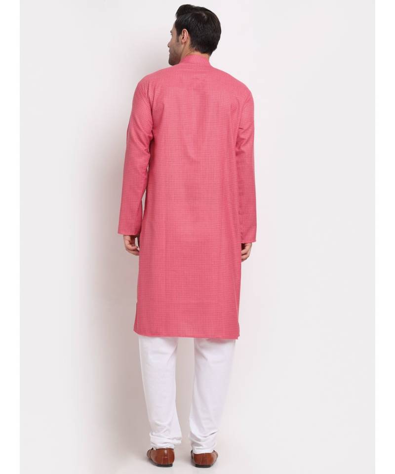 Men Cotton Check Pink Kurta with Pyjamas
