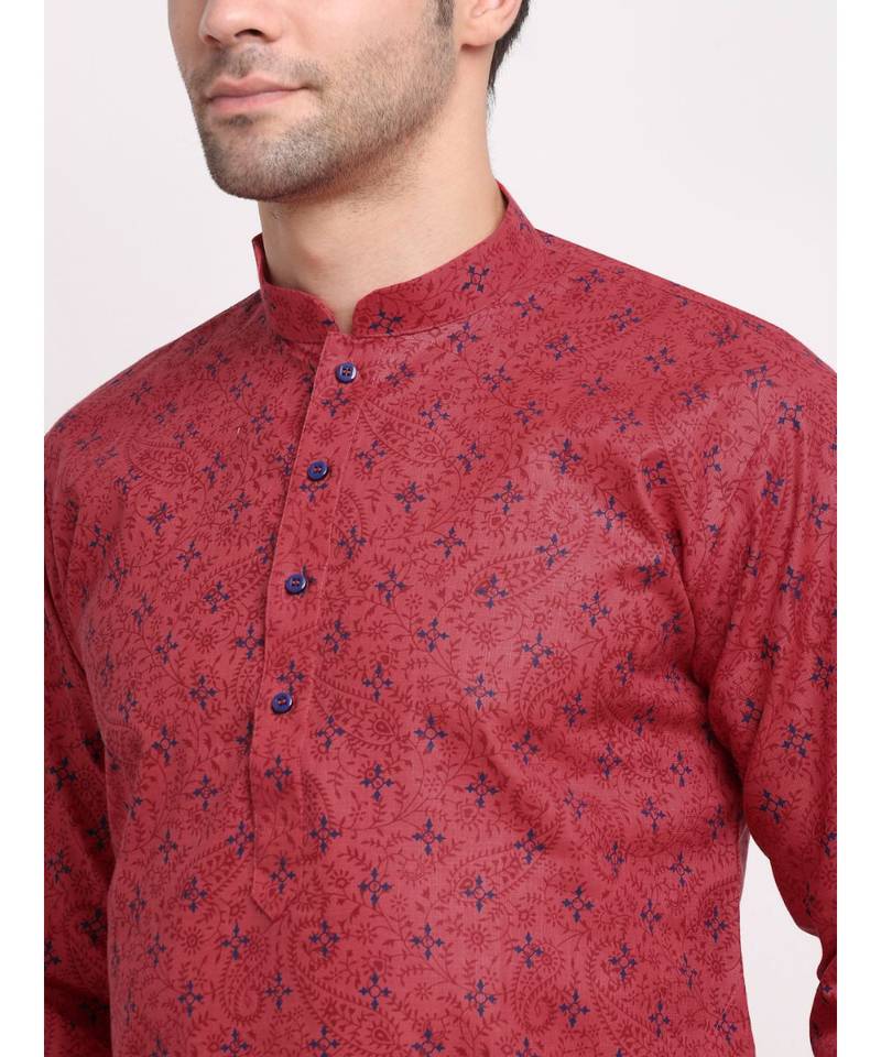 Men Cotton Printed Pink Kurta with Pyjamas