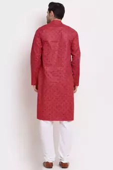 Men Cotton Printed Pink Kurta with Pyjamas