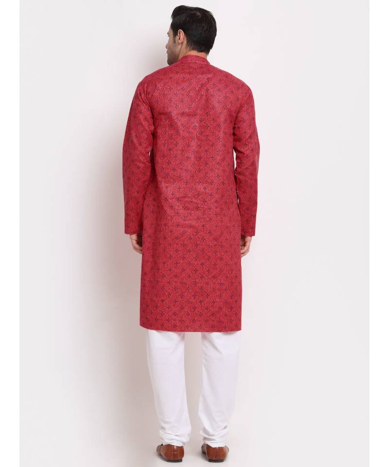 Men Cotton Printed Pink Kurta with Pyjamas