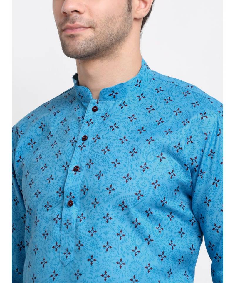Men Cotton Printed Blue Kurta with Pyjamas