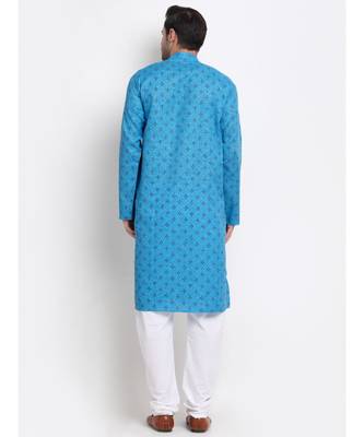 Men Cotton Printed Blue Kurta with Pyjamas 4