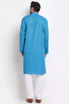 Men Cotton Printed Blue Kurta with Pyjamas