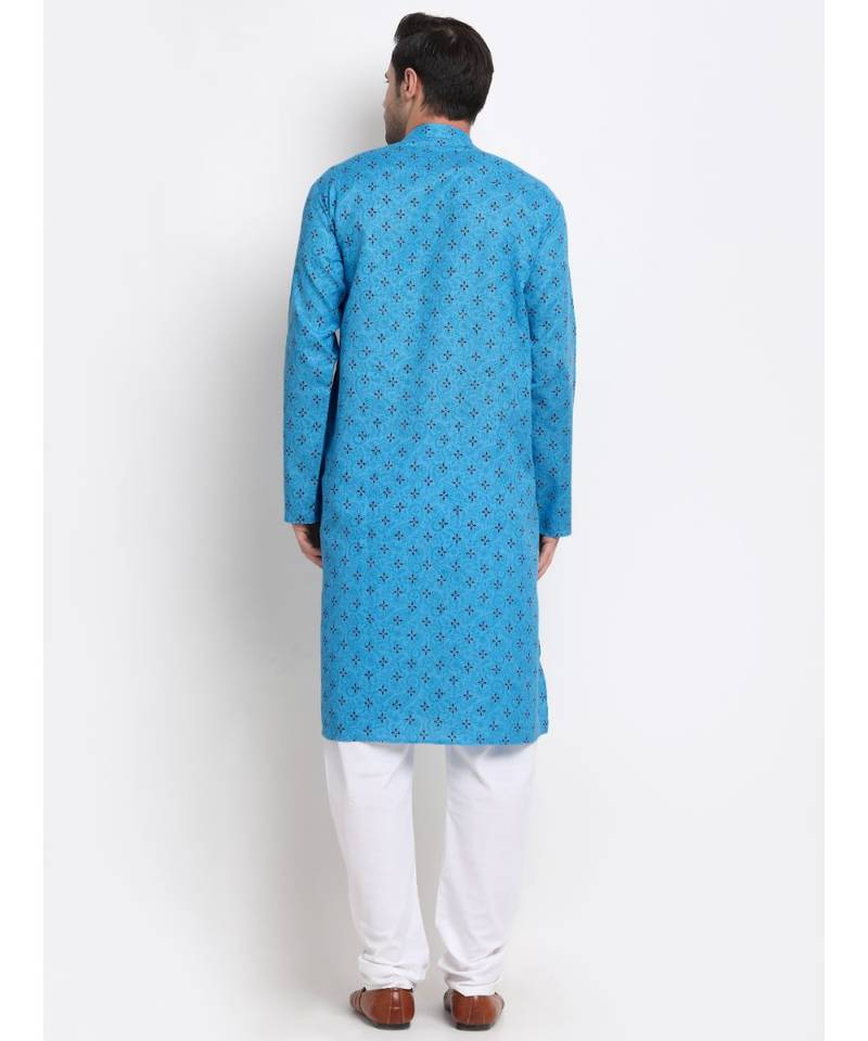 Men Cotton Printed Blue Kurta with Pyjamas