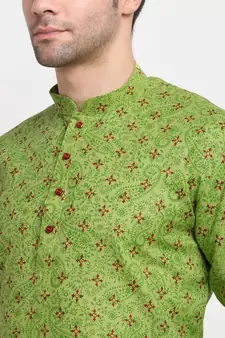 Men Cotton Printed Green Kurta with Pyjamas