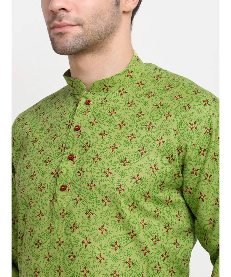 Men Cotton Printed Green Kurta with Pyjamas