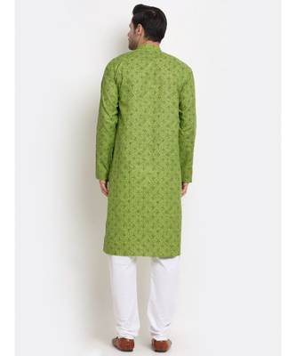 Men Cotton Printed Green Kurta with Pyjamas 4