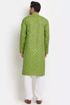 Men Cotton Printed Green Kurta with Pyjamas