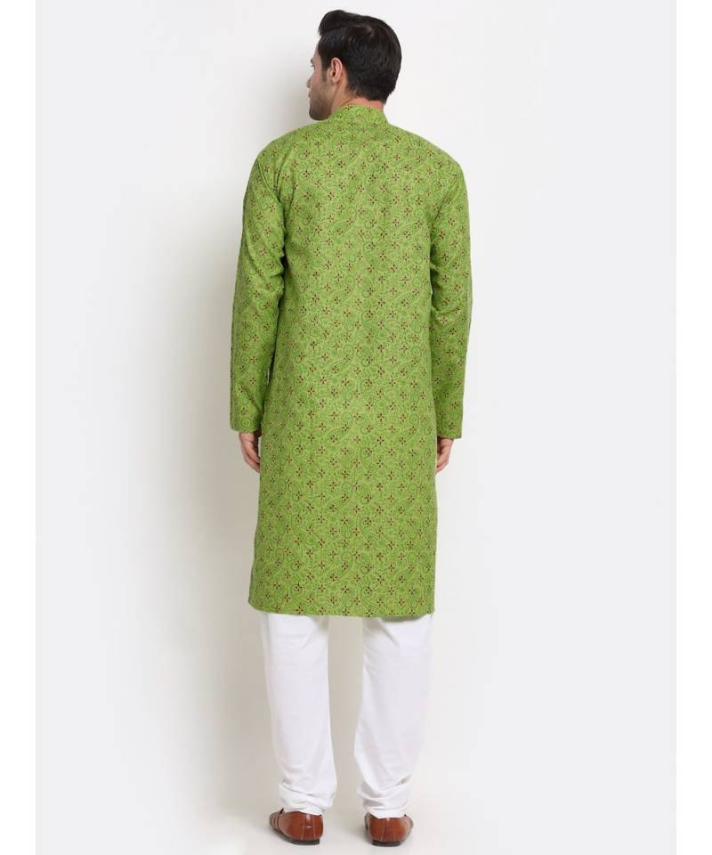 Men Cotton Printed Green Kurta with Pyjamas