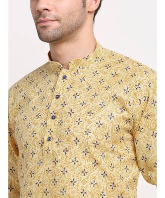 Men Cotton Printed Yellow Kurta with Pyjamas 2