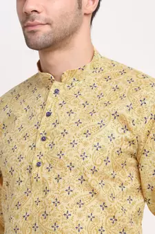 Men Cotton Printed Yellow Kurta with Pyjamas