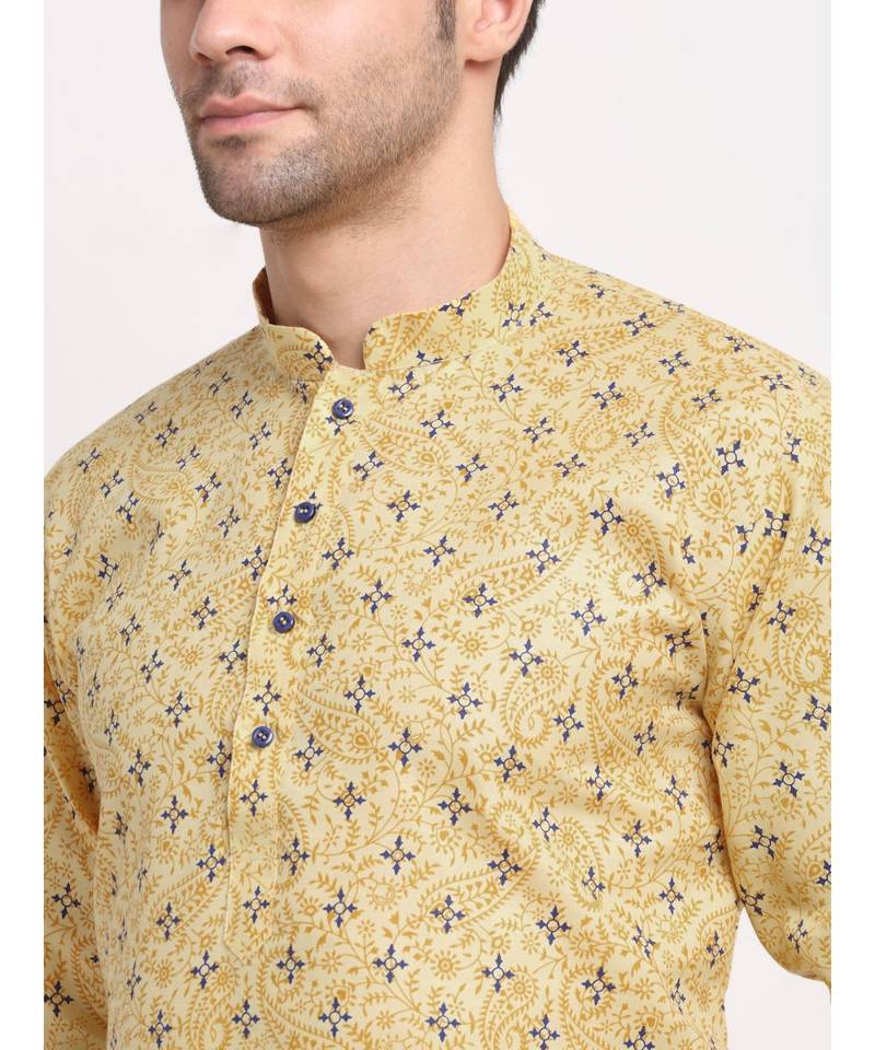 Men Cotton Printed Yellow Kurta with Pyjamas