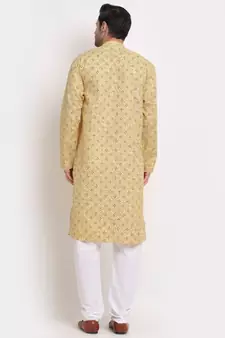 Men Cotton Printed Yellow Kurta with Pyjamas