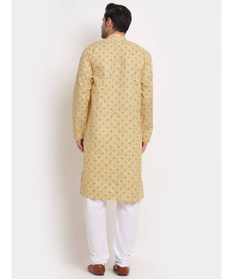 Men Cotton Printed Yellow Kurta with Pyjamas