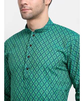 Men Cotton Printed Green Kurta with Pyjamas 2
