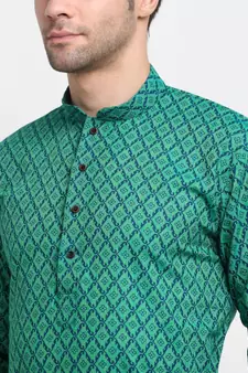 Men Cotton Printed Green Kurta with Pyjamas