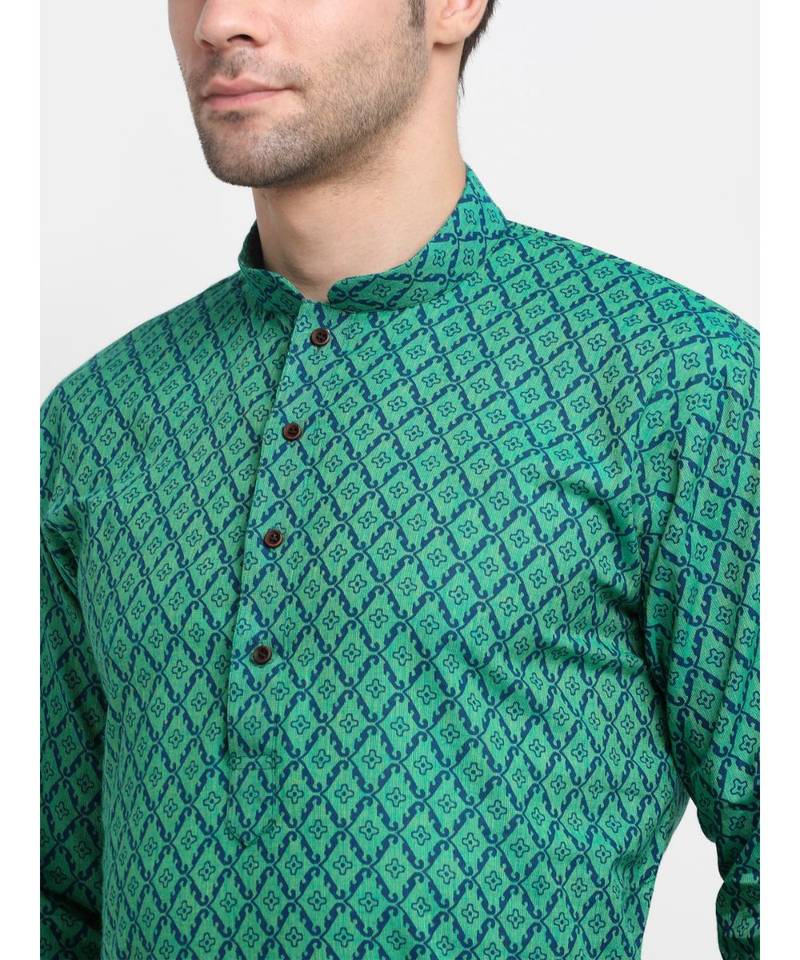 Men Cotton Printed Green Kurta with Pyjamas