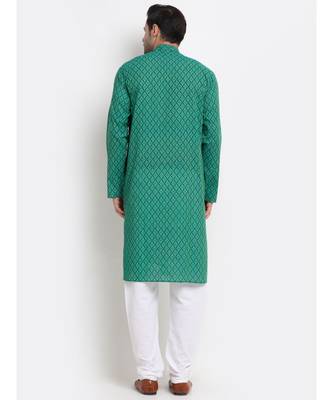 Men Cotton Printed Green Kurta with Pyjamas 4