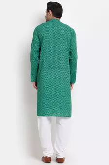 Men Cotton Printed Green Kurta with Pyjamas