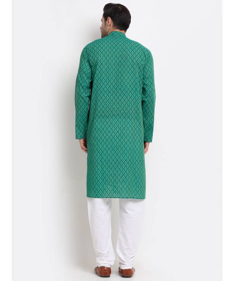 Men Cotton Printed Green Kurta with Pyjamas