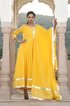 Yellow embroidered cotton kurta-suits