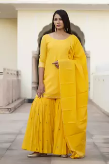 Yellow embroidered cotton kurta-suits