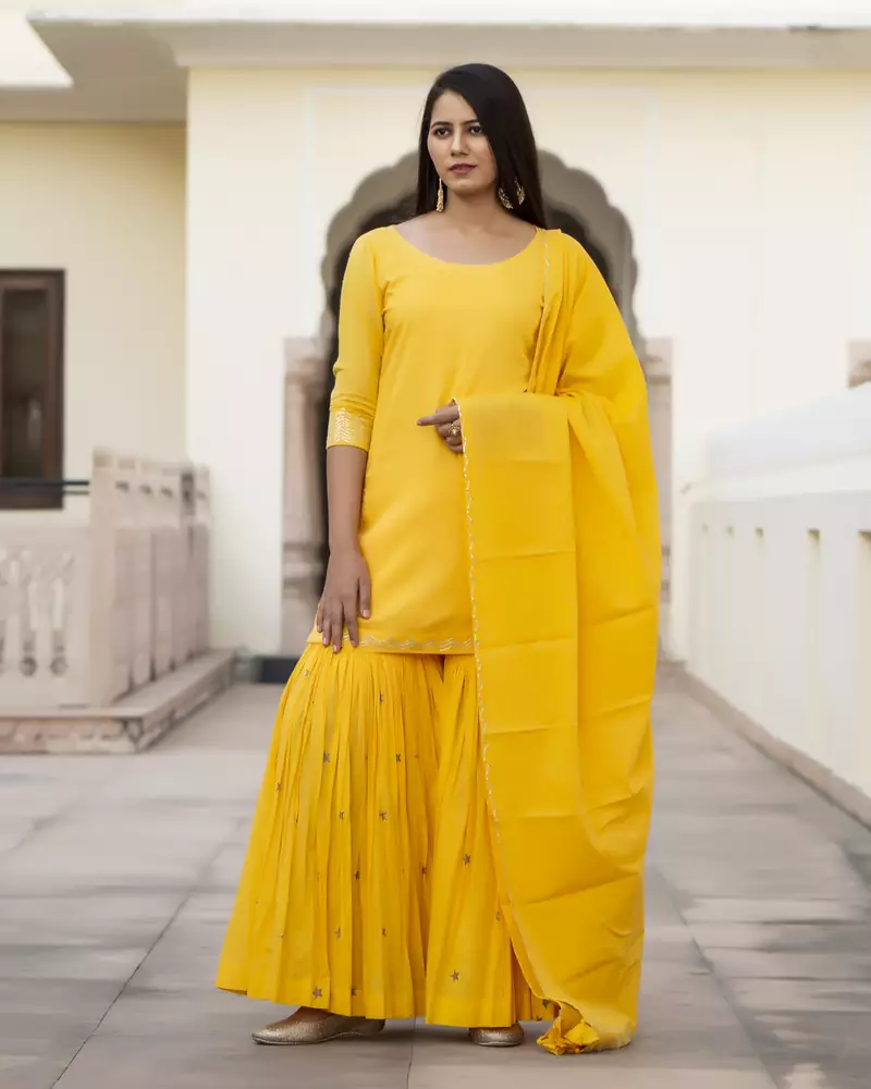 Yellow embroidered cotton kurta-suits