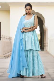 Turquoise embroidered cotton kurta-suits